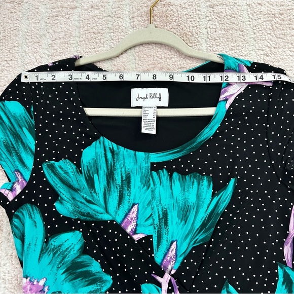 Joseph Ribkoff Black Dress Teal Floral Design Polka Dot Stretch Jersey Size 10 - Picture 5 of 12